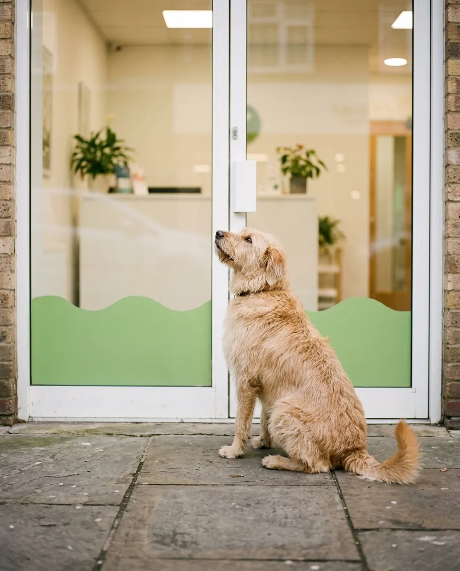 Um cão grande sentado com paciência à porta de vidro de uma pequena clínica, com uma onda verde pintada nas montras
