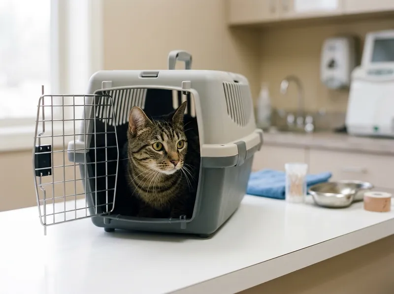 Um gato tigrado a espreitar de uma transportadora aberta numa bancada da clínica