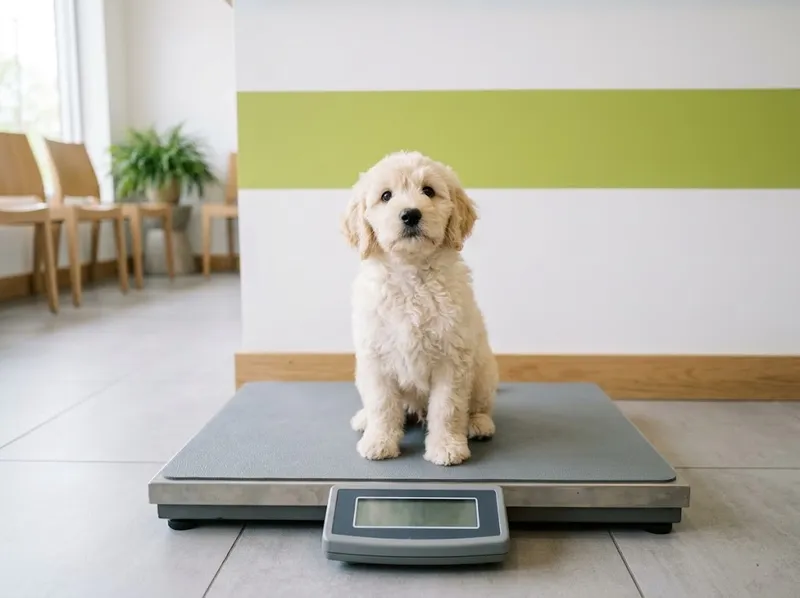 Um cachorro sentado numa balança na sala de espera