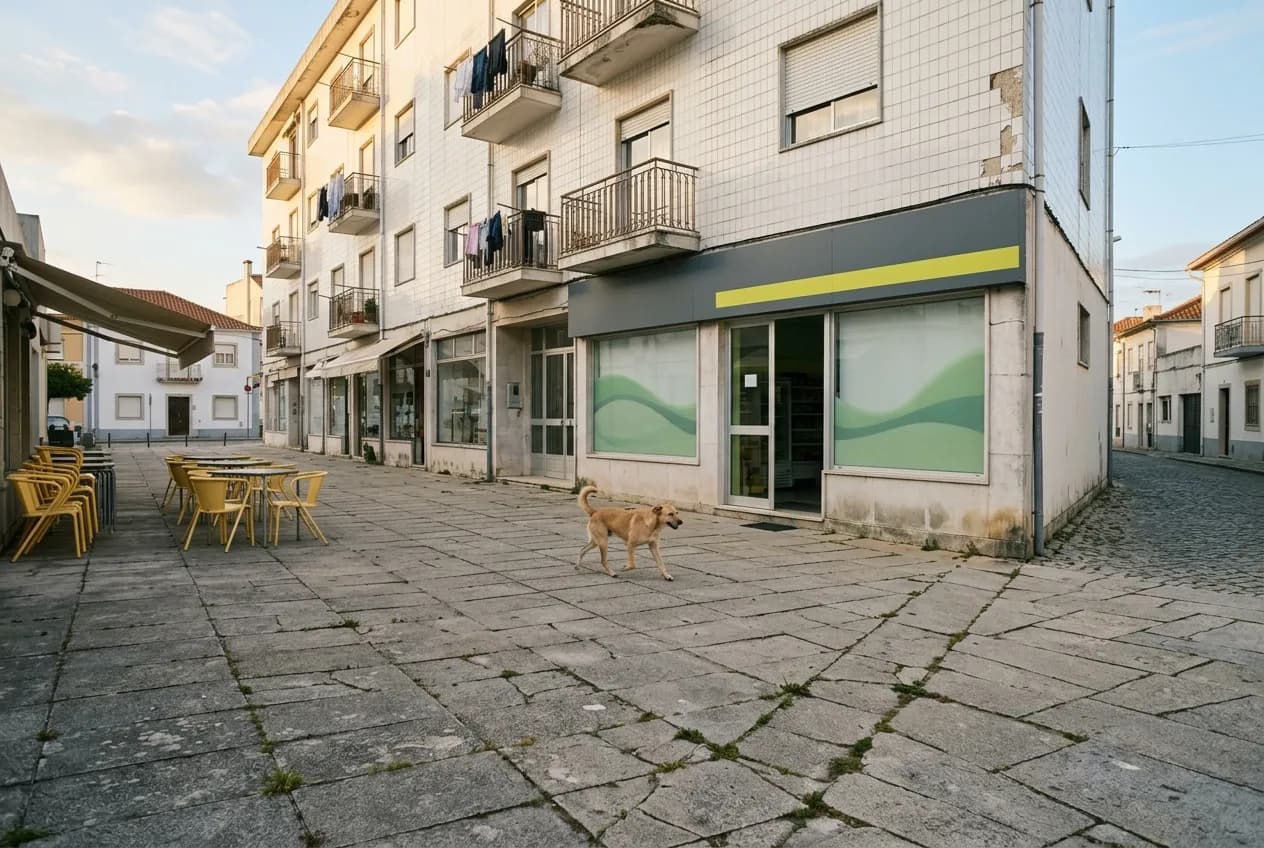 Um cão grande e simpático a atravessar uma praceta de lajes em direção à porta de uma clínica com letreiro verde-lima, uma esplanada de cadeiras amarelas ao lado