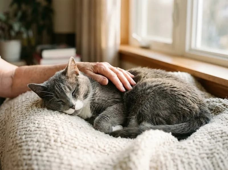 Um gato idoso a descansar numa manta macia, com uma mão pousada no dorso