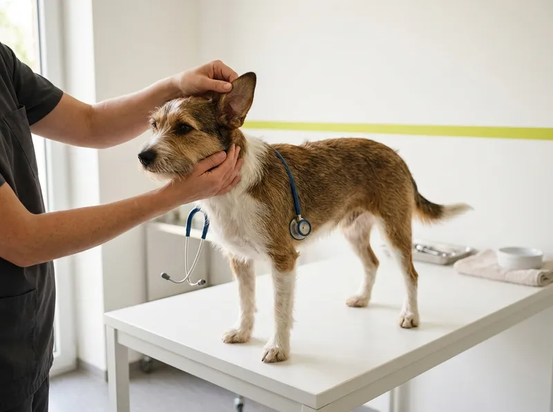 As mãos de um veterinário a examinar um cão de porte médio, calmo, numa mesa de consulta