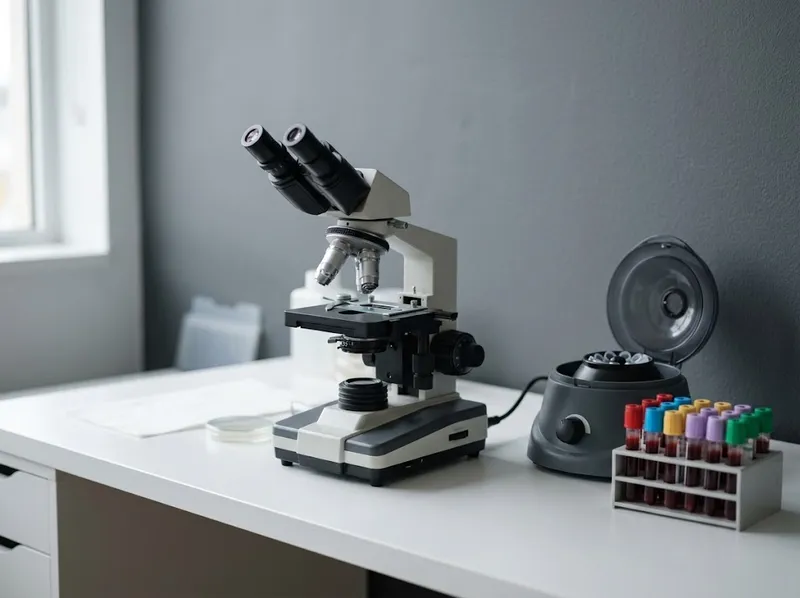 Tubos de colheita de sangue e um microscópio numa bancada limpa da clínica
