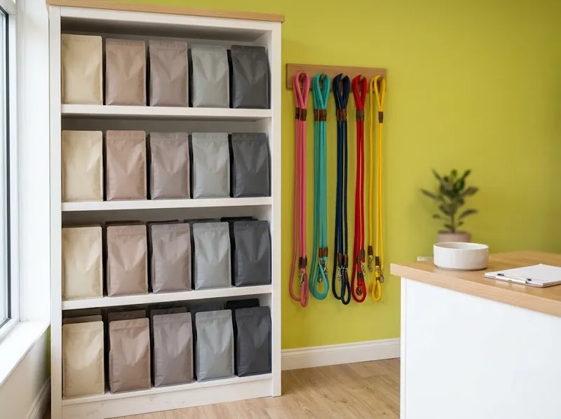 Prateleiras de sacos de ração e um expositor de trelas coloridas junto a um balcão de receção
