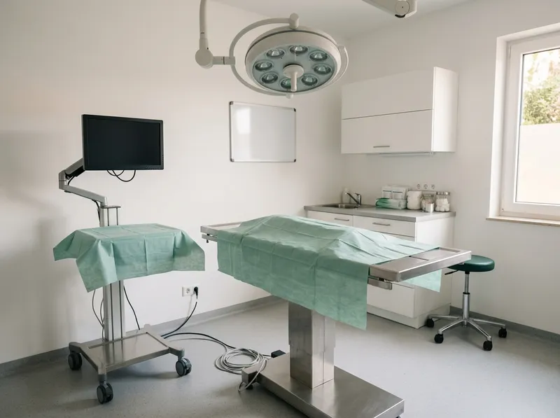 Uma sala de cirurgia veterinária arrumada, com foco cirúrgico e mesa coberta