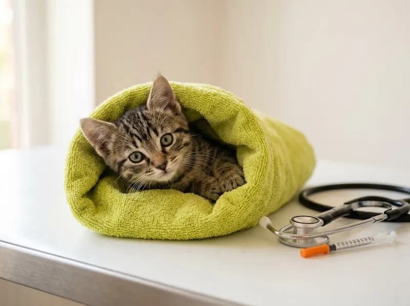 Um gatinho embrulhado numa toalha numa mesa de consulta, com um estetoscópio ao lado